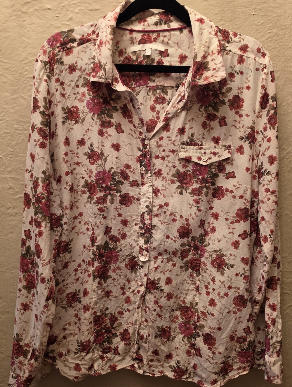 Silk Blend Cotton  Floral Pattern Button Down Shirt Cottagecore Blouse L